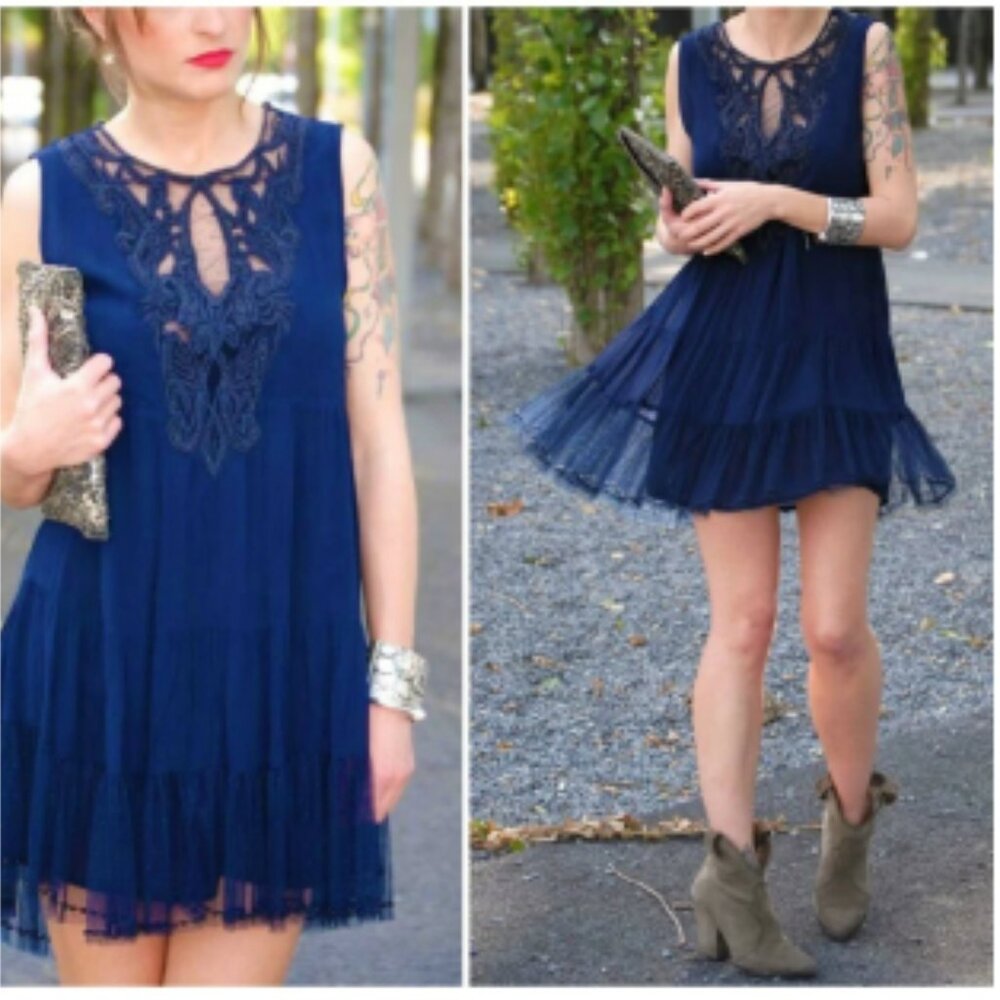 Zara Navy Blue Mini Dress Bead Embroidered Fairy Tiered Ruffle Sleeveless Small